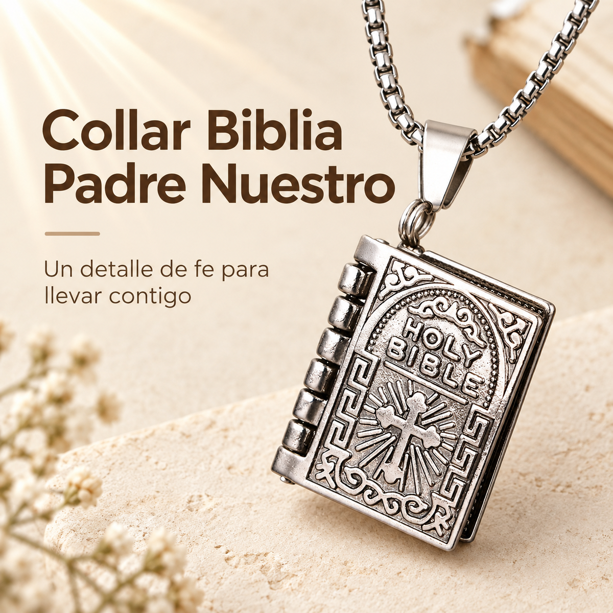 Collar Dije Biblia Abatible Padre Nuestro + Caja de Regalo🕊️✨