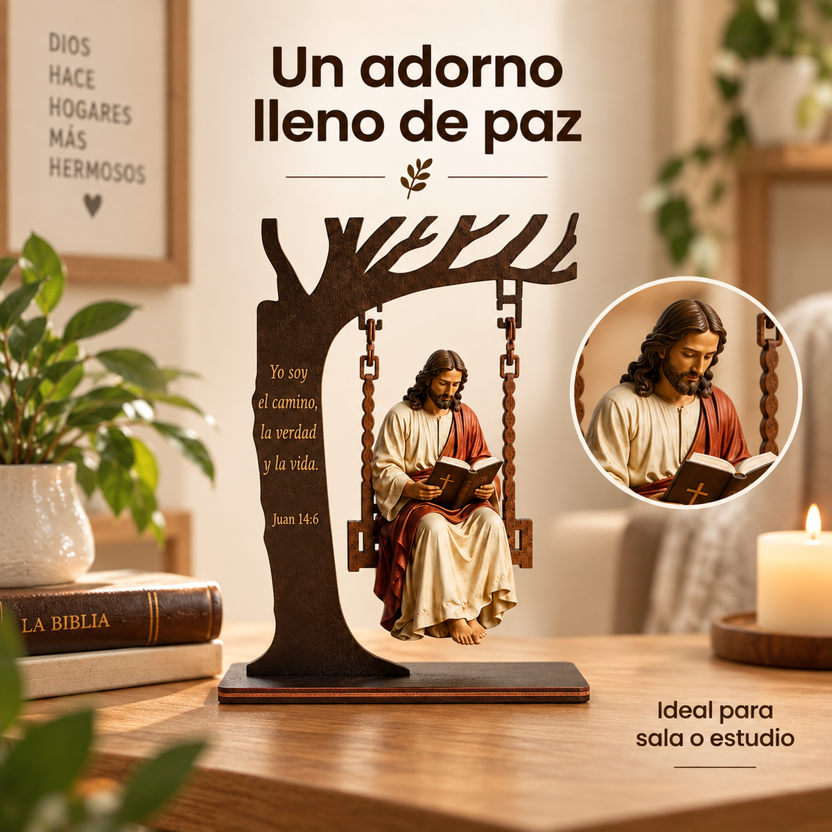 🛐Adorno Escultura de Jesús en el Columpio con Versículo Grabado✝️