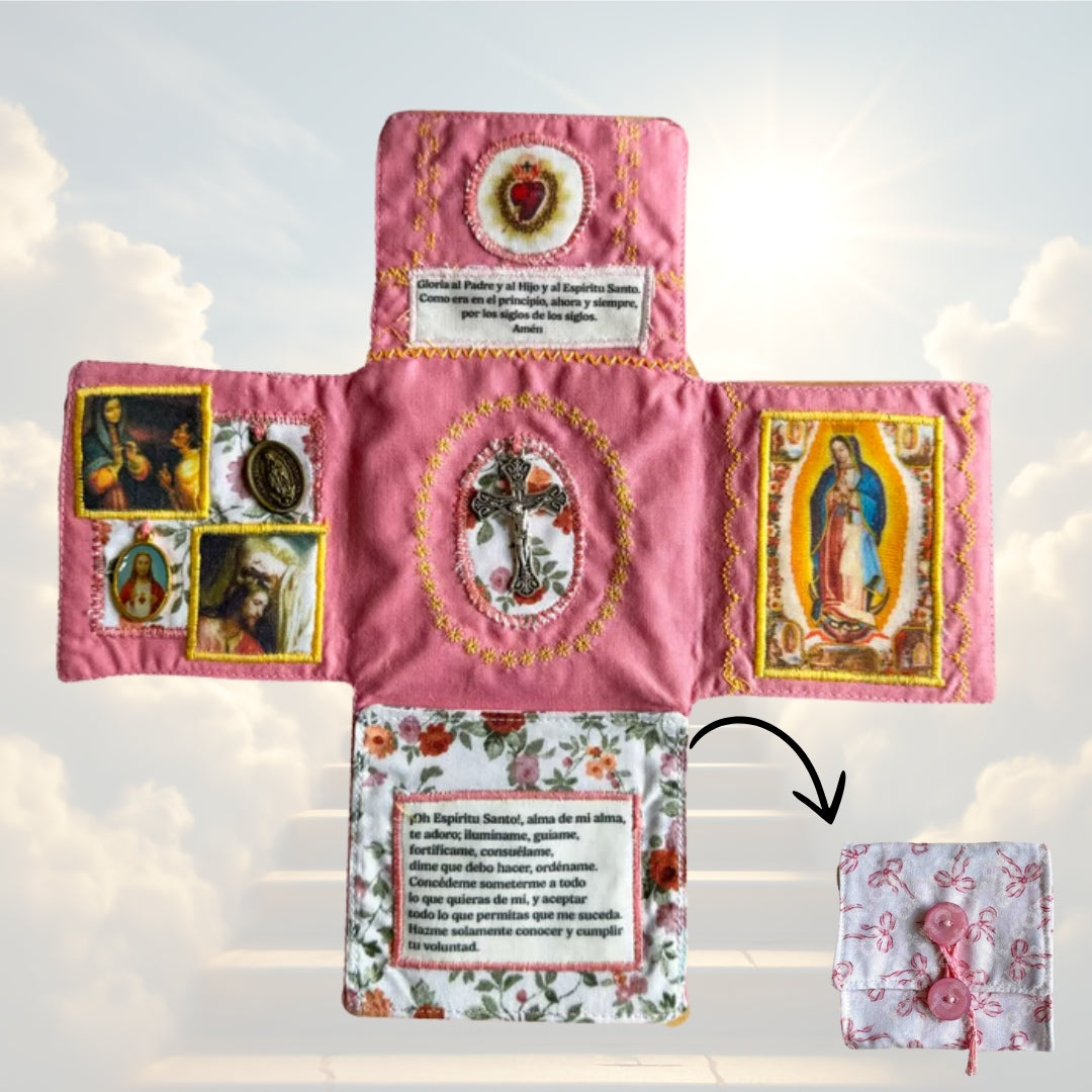 Devocionario de Bolsillo Jesús y La Virgen con Cruz de plata (hecho a mano)