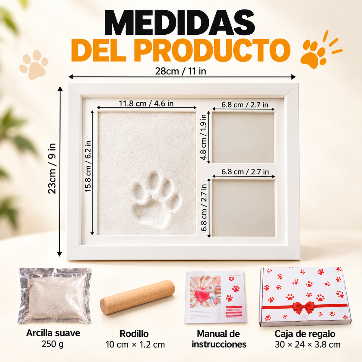 Kit Marco de Fotos 3 en 1 con Huella de Mascota en Arcilla🐾🖼️❤️