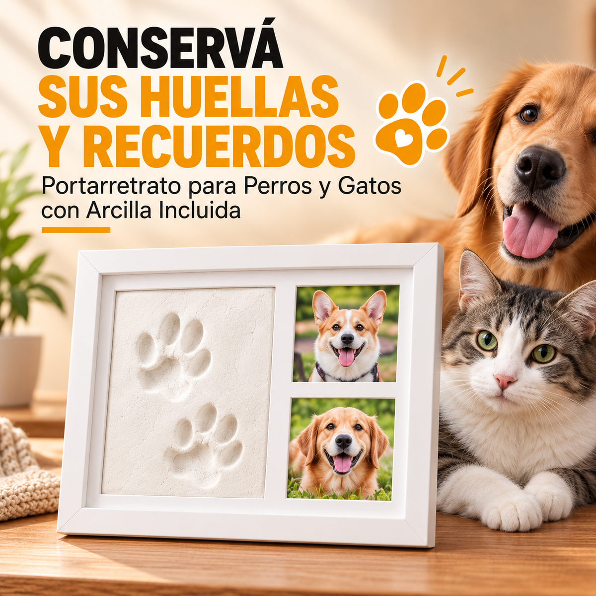 Kit Marco de Fotos 3 en 1 con Huella de Mascota en Arcilla🐾🖼️❤️
