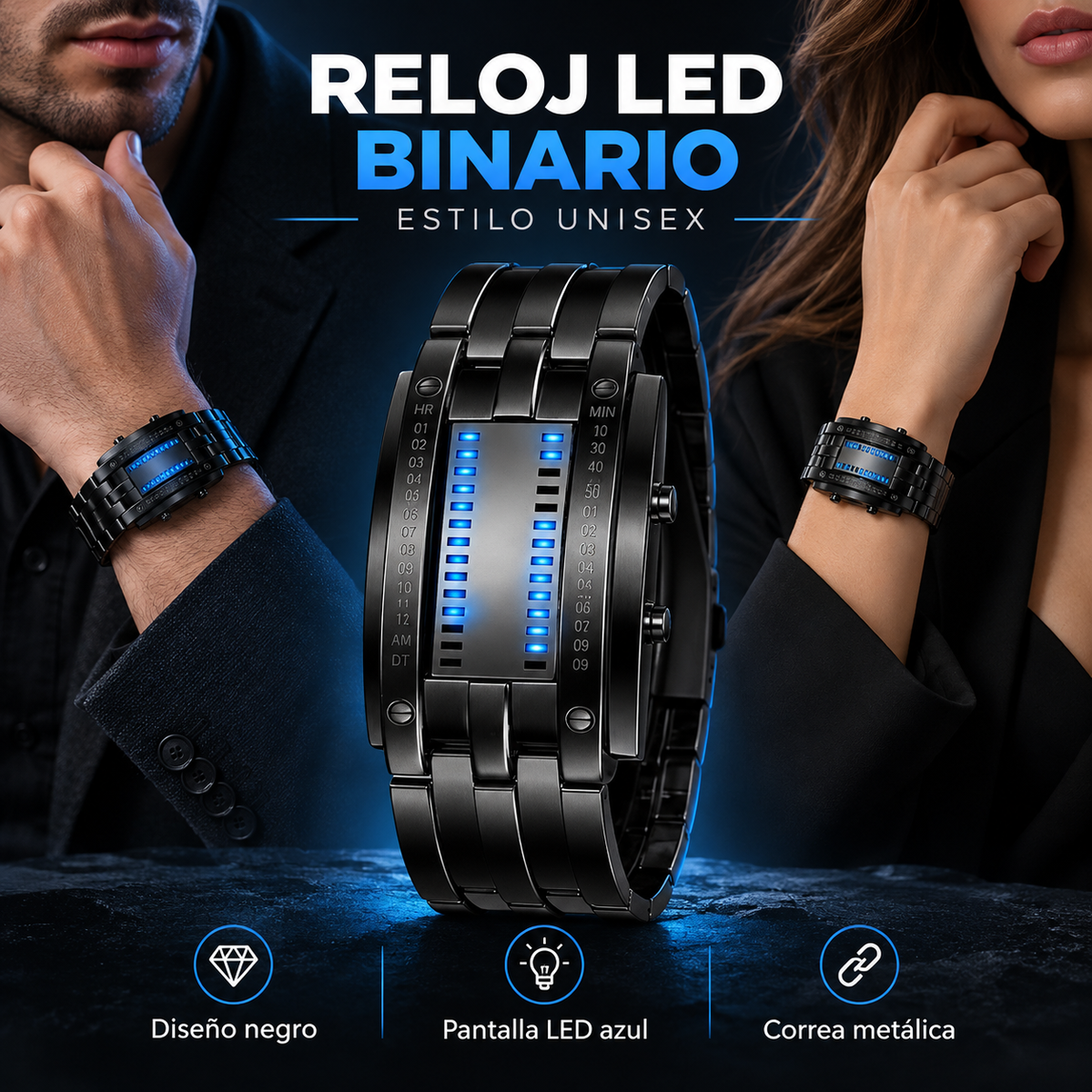 CyberMatrix™ Reloj Digital LED Binario de Acero Inoxidable⌚⚡
