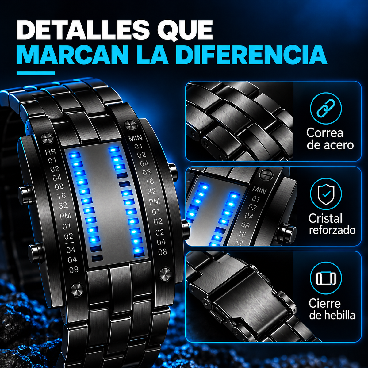 CyberMatrix™ Reloj Digital LED Binario de Acero Inoxidable⌚⚡