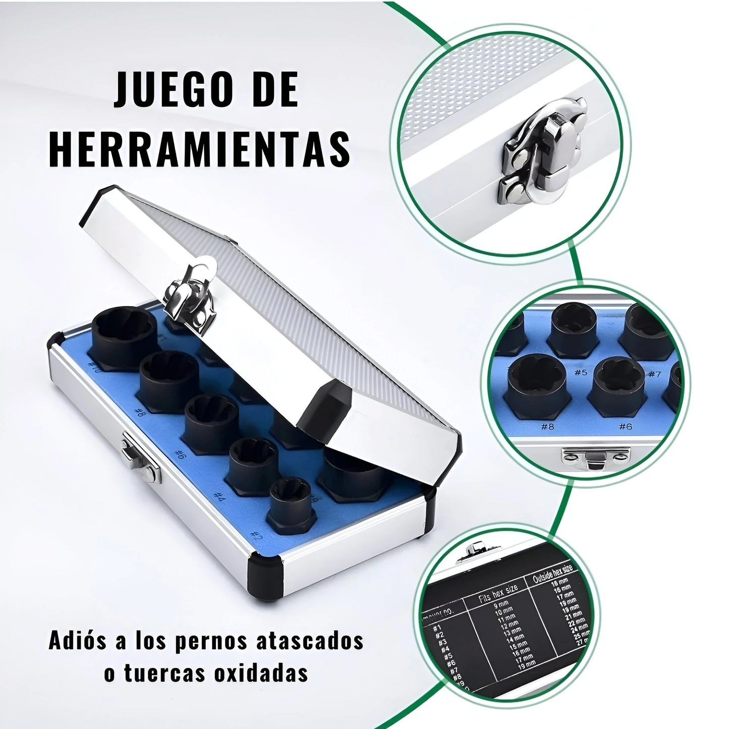 Juego de herramientas para quitar pernos y tuercas peladas, redondeadas y oxidadas.