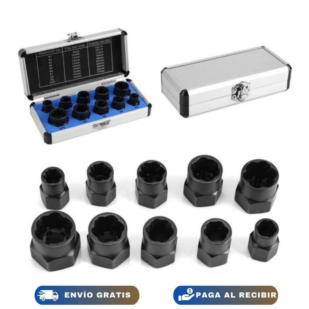 Juego de herramientas para quitar pernos y tuercas peladas, redondeadas y oxidadas.