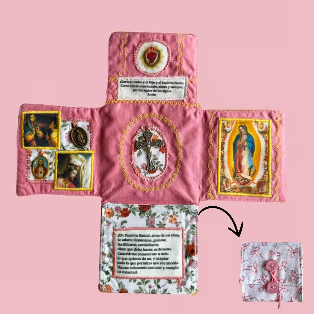 Devocionario de Bolsillo Jesús y La Virgen con Cruz de plata (hecho a mano)