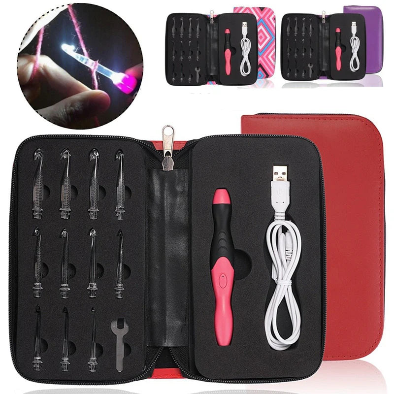 JUEGO DE AGUJAS DE CROCHET RECARGABLES CON LUZ LED