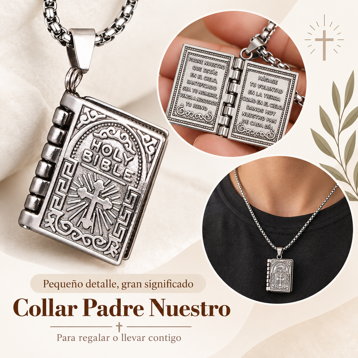 Collar Dije Biblia Abatible Padre Nuestro + Caja de Regalo🕊️✨