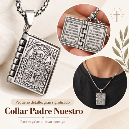 Collar Dije Biblia Abatible Padre Nuestro + Caja de Regalo🕊️✨