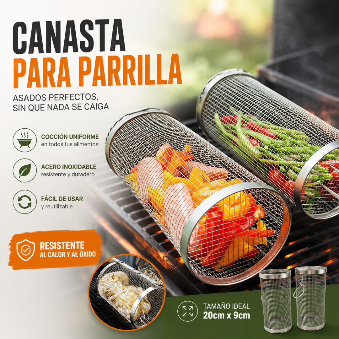 Cesta de Parrilla Giratoria Pro | Cilindro de Acero Inoxidable para Barbacoa🧬🥕