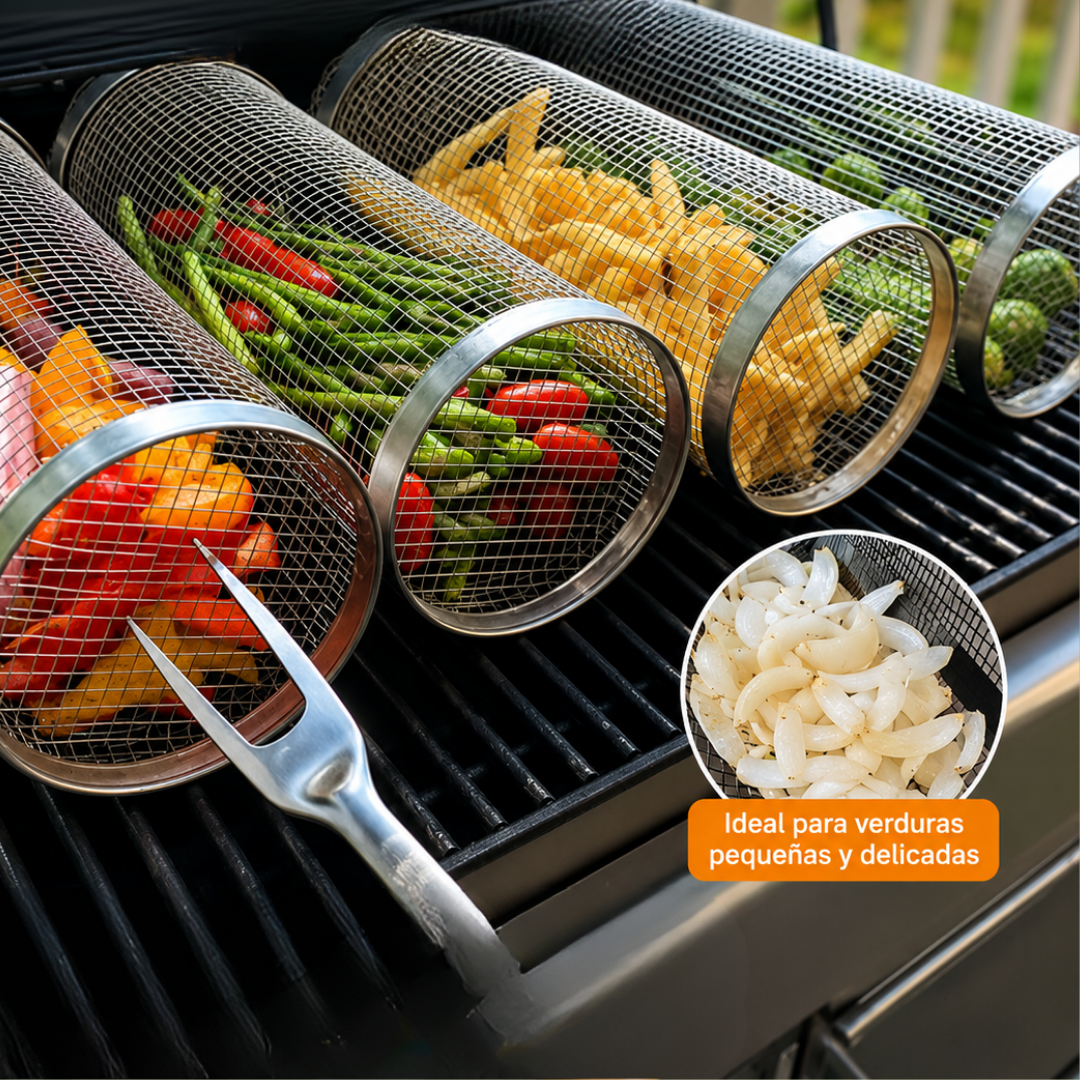 Cesta de Parrilla Giratoria Pro | Cilindro de Acero Inoxidable para Barbacoa🧬🥕