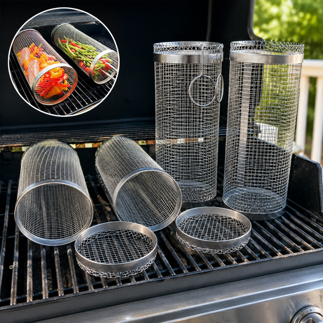 Cesta de Parrilla Giratoria Pro | Cilindro de Acero Inoxidable para Barbacoa🧬🥕