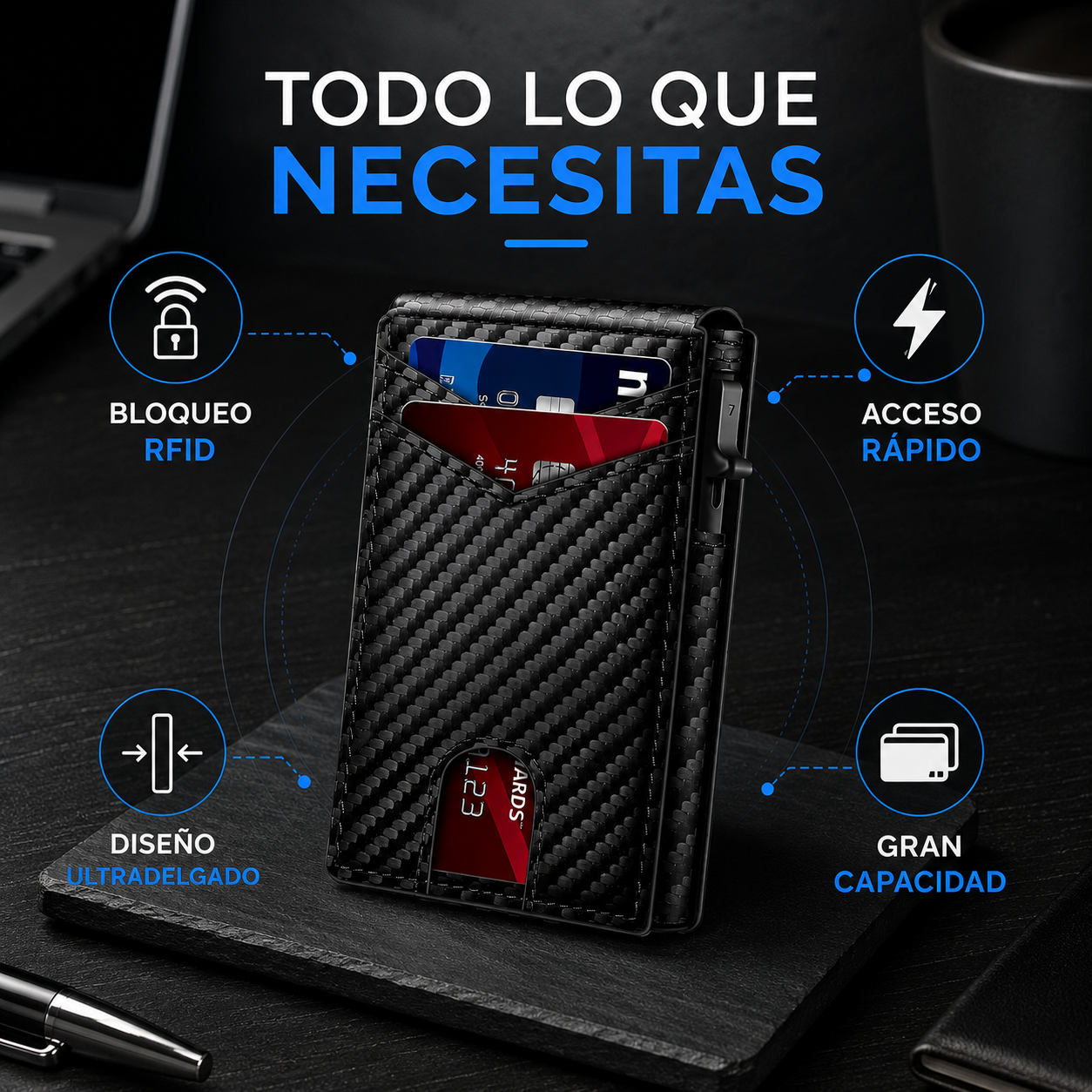 BILLETERA CON BLOQUEO RFID: Diseño minimalista en color negro y tarjetero de seguridad💸🧔🏻‍♂️