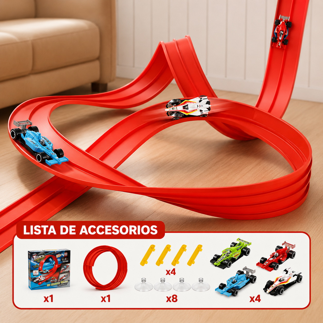 Pista Roja de Carreras Doble Flexible de 4 Metros🏎️🔴