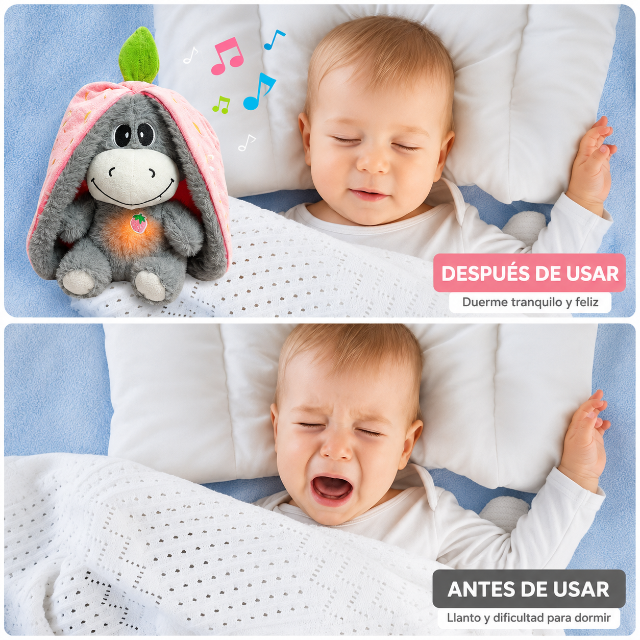 Peluche Burro Fruta que Respira con Sonido y Luz 🥑🍓✨
