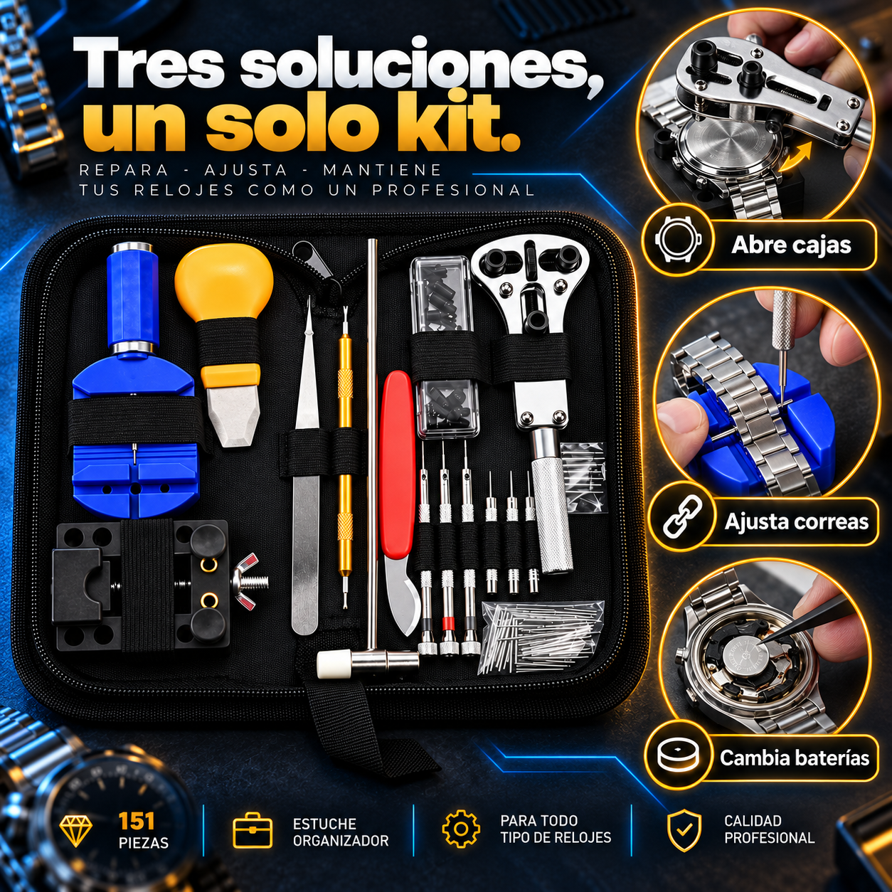 Kit Profesional de Reparación y Mantenimiento de Relojes + 151 Piezas 🛠️