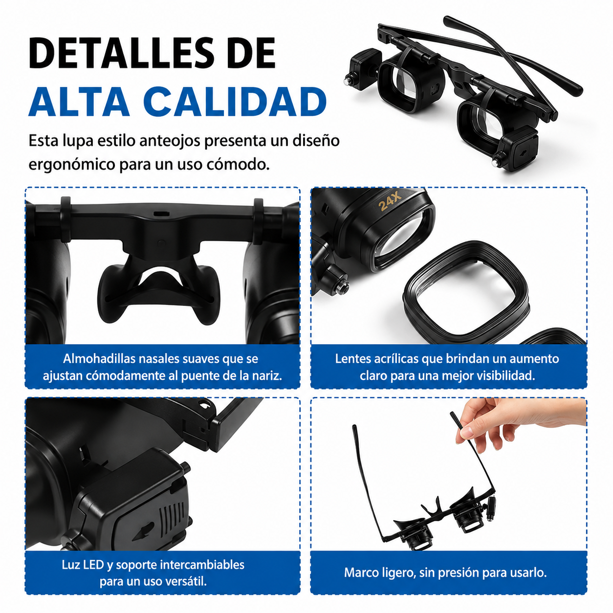 Lupa de Precisión LED Tipo Gafas (4 Juegos de Lentes 2x a 24x) 💡✨