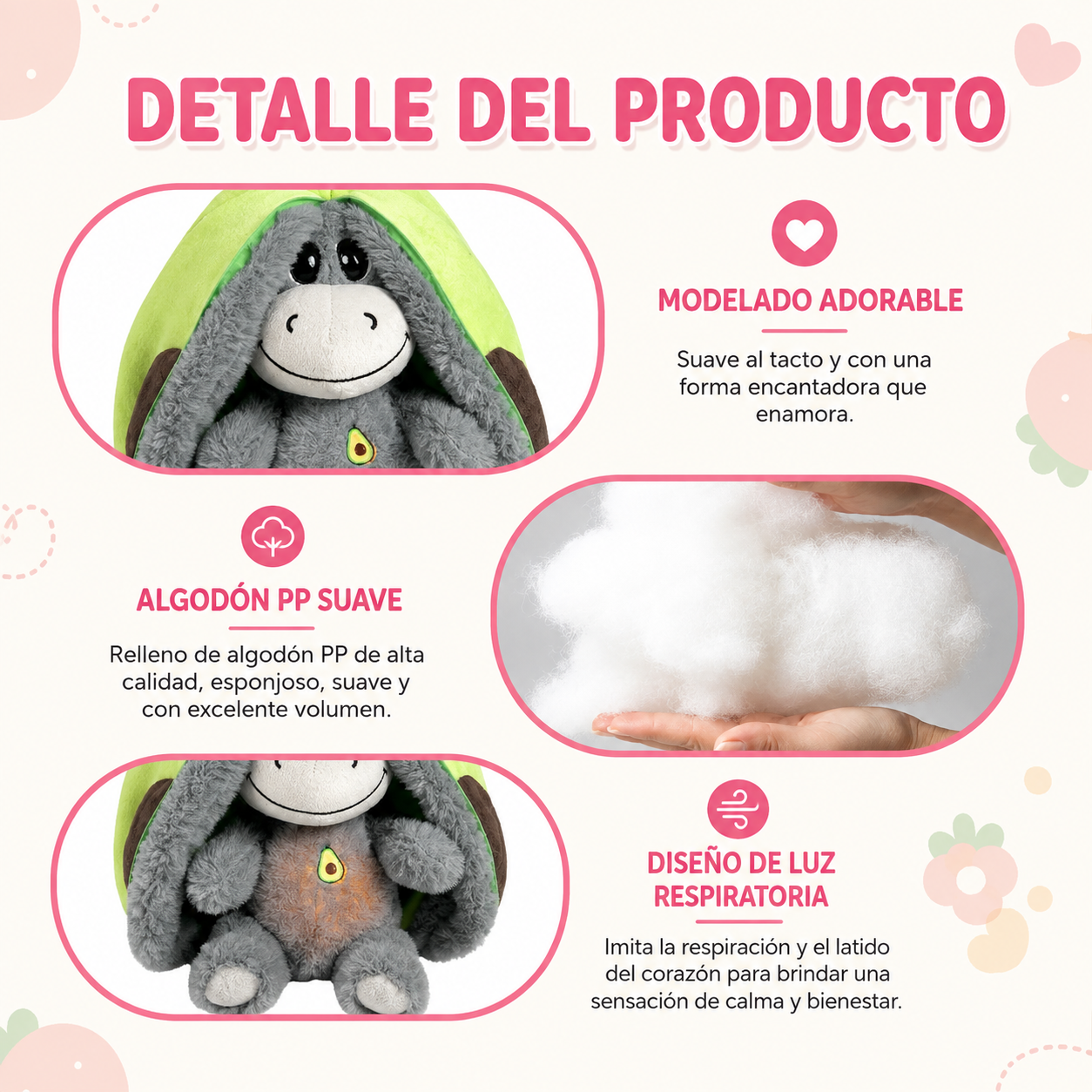 Peluche Burro Fruta que Respira con Sonido y Luz 🥑🍓✨