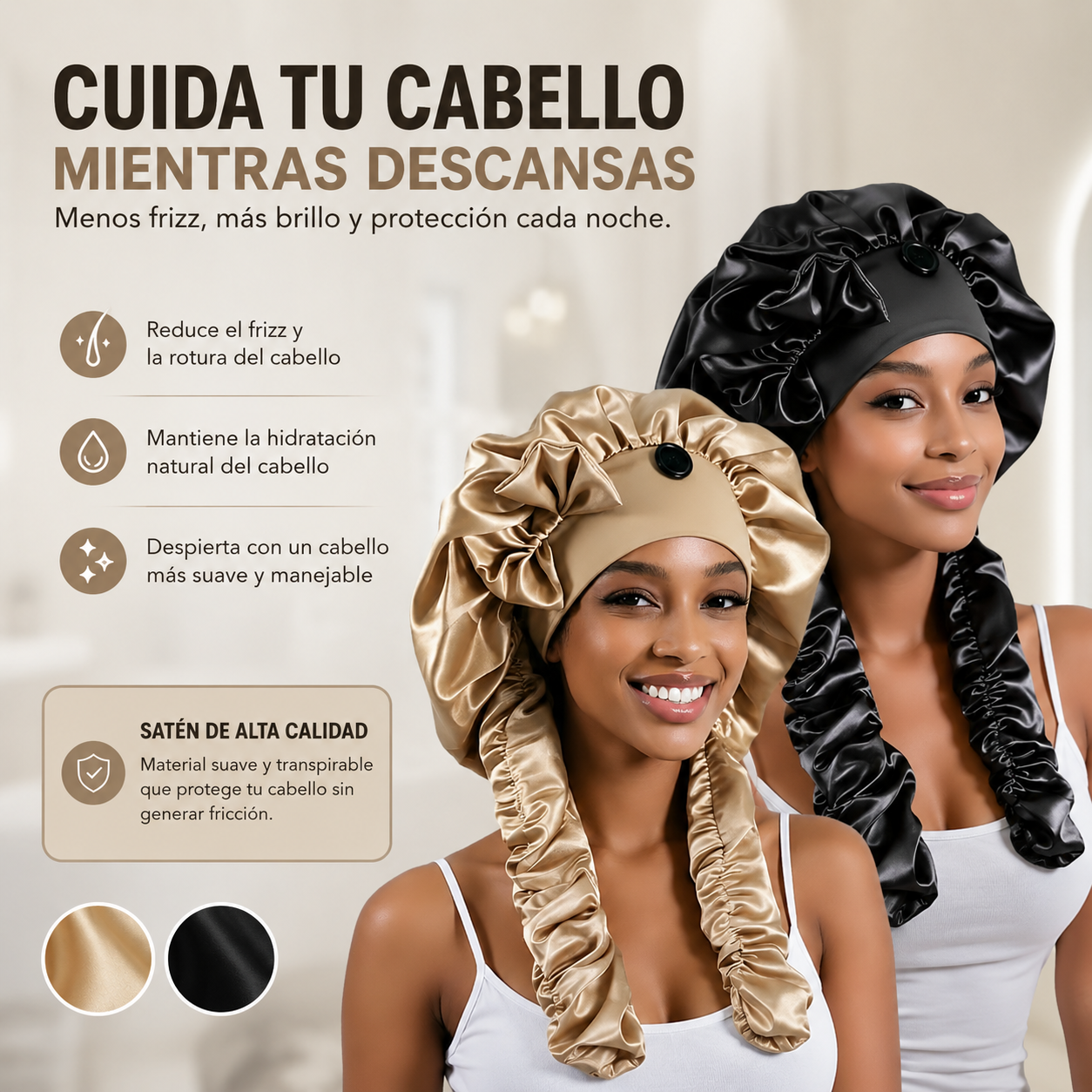 👑Gorro de Satín Doble Capa para Dormir (Negro y Caqui) ✨💆‍♀️