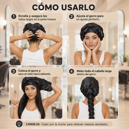 👑Gorro de Satín Doble Capa para Dormir (Negro y Caqui) ✨💆‍♀️