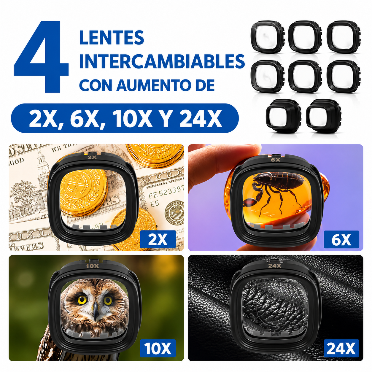 Lupa de Precisión LED Tipo Gafas (4 Juegos de Lentes 2x a 24x) 💡✨
