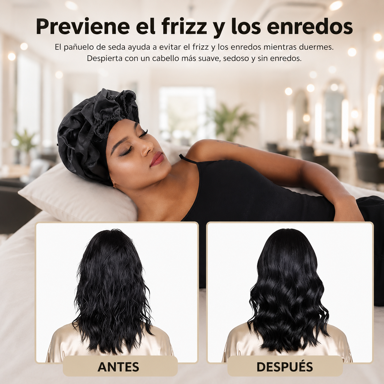 👑Gorro de Satín Doble Capa para Dormir (Negro y Caqui) ✨💆‍♀️