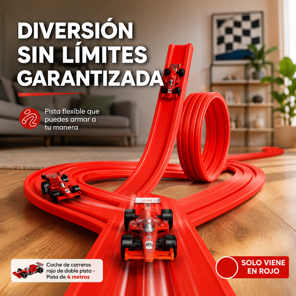 Pista Roja de Carreras Doble Flexible de 4 Metros🏎️🔴