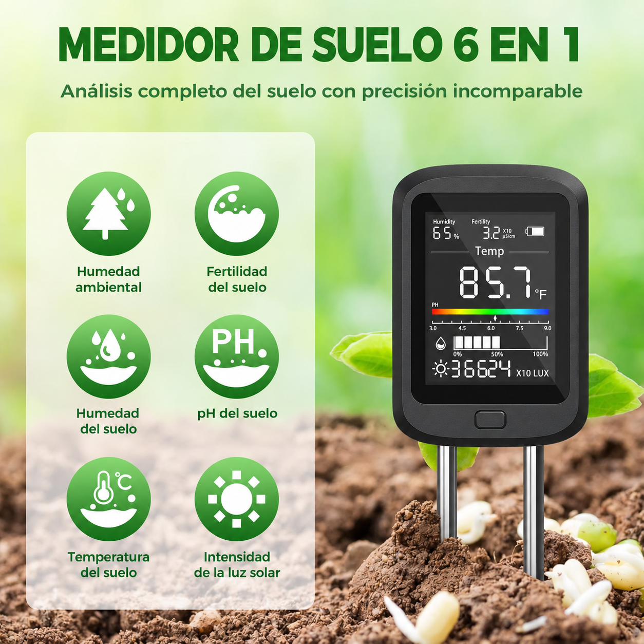Medidor Digital Profesional 6 en 1 para Suelo y Ambiente🌾