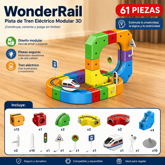Vía de Tren Modular 3D con Coche Magnético [61 Piezas]🚆🚝