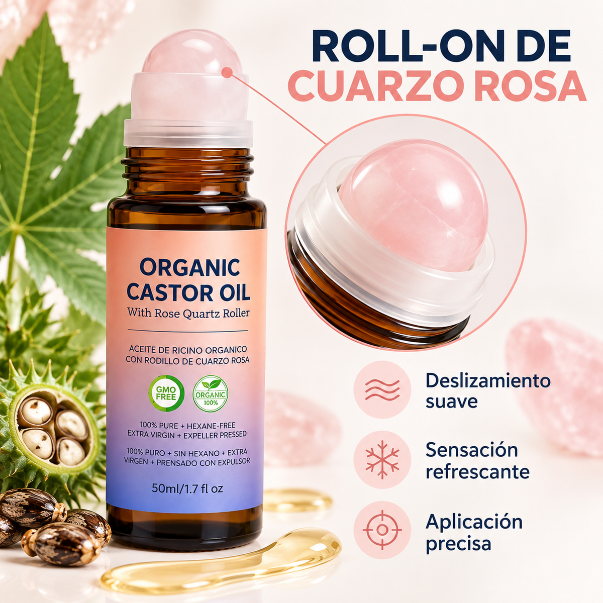 🌸Aceite de Ricino en Roll-On con Esfera de Cuarzo Rosa💆‍♀️