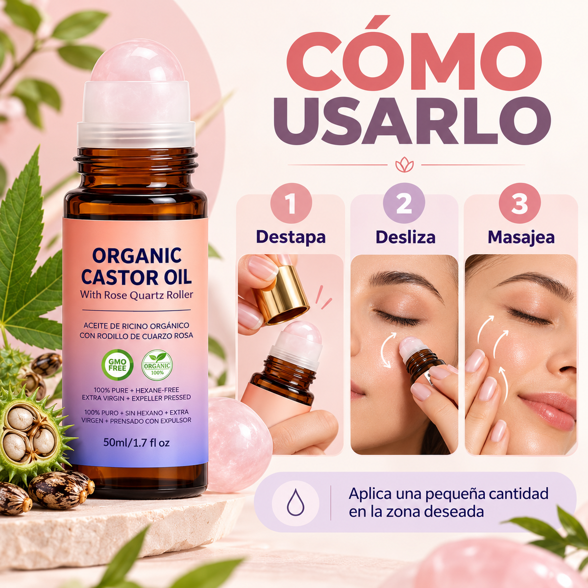 🌸Aceite de Ricino en Roll-On con Esfera de Cuarzo Rosa💆‍♀️