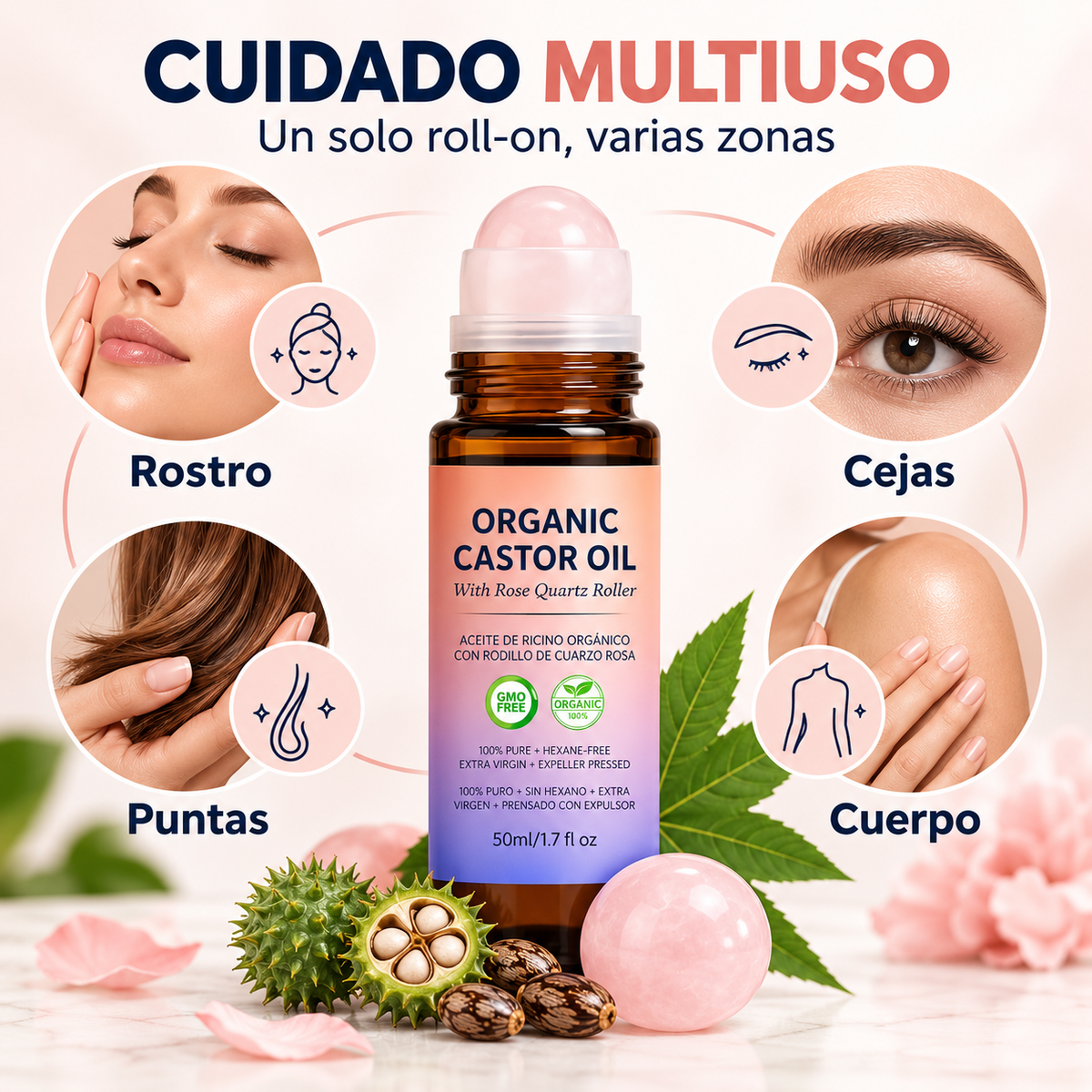 🌸Aceite de Ricino en Roll-On con Esfera de Cuarzo Rosa💆‍♀️