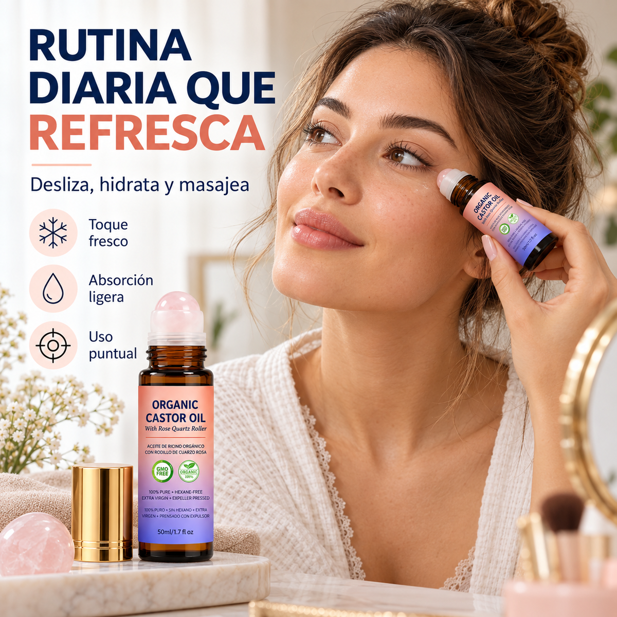 🌸Aceite de Ricino en Roll-On con Esfera de Cuarzo Rosa💆‍♀️
