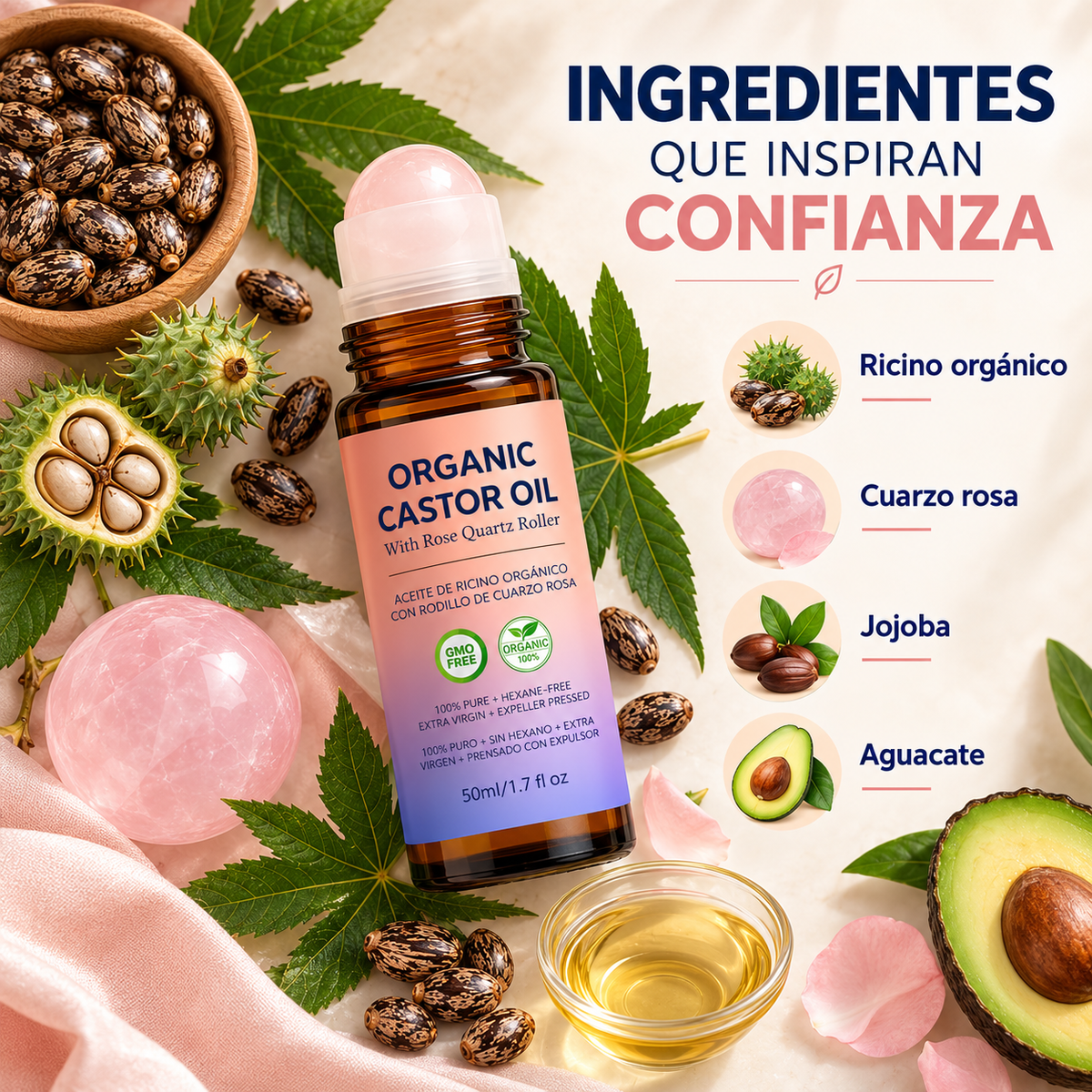 🌸Aceite de Ricino en Roll-On con Esfera de Cuarzo Rosa💆‍♀️