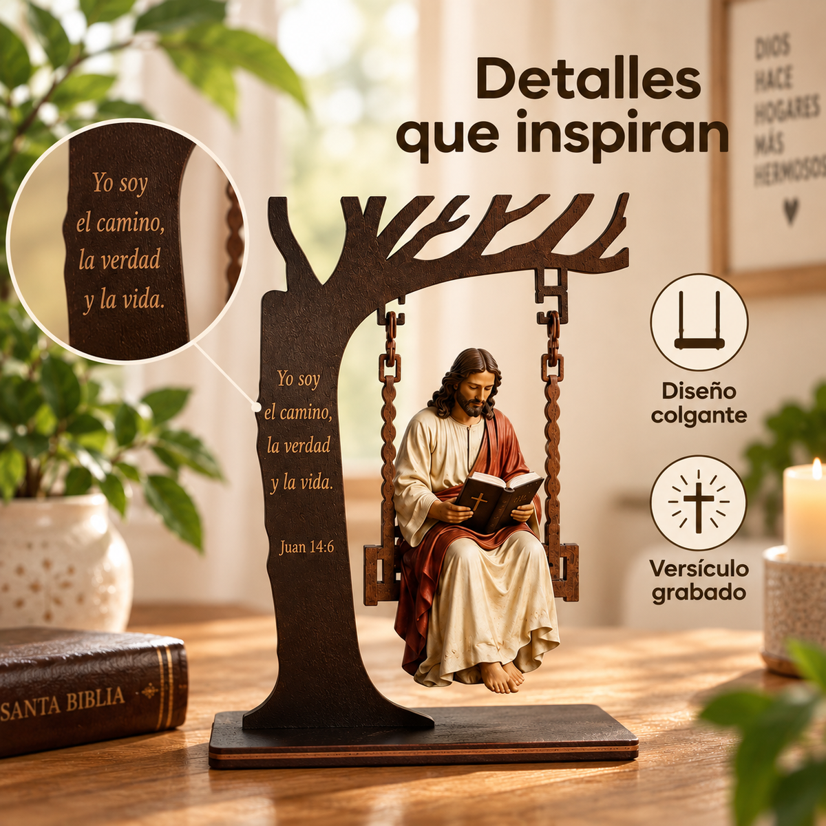 🛐Adorno Escultura de Jesús en el Columpio con Versículo Grabado✝️