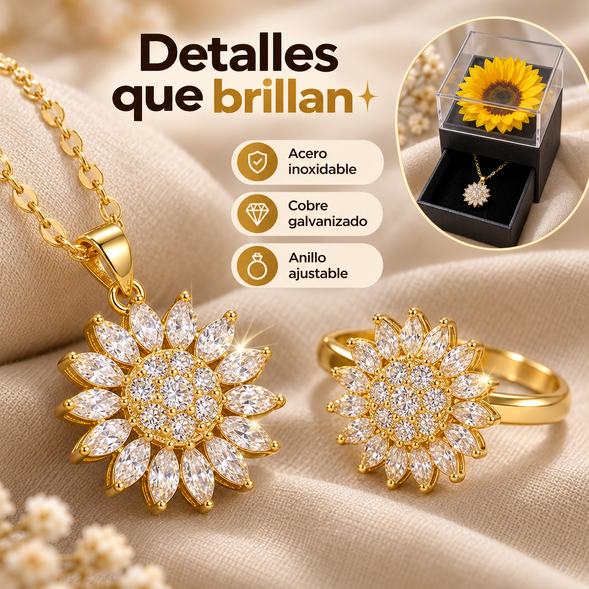 🌻Combo Girasol Giratorio: Collar + Anillo Ajustable + Caja de Exhibición💛