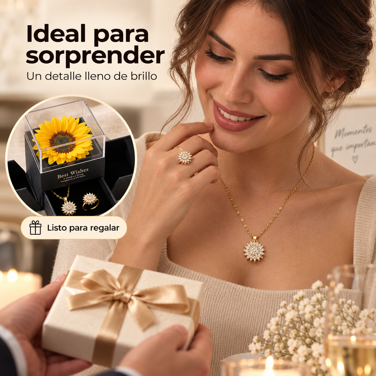 🌻Combo Girasol Giratorio: Collar + Anillo Ajustable + Caja de Exhibición💛