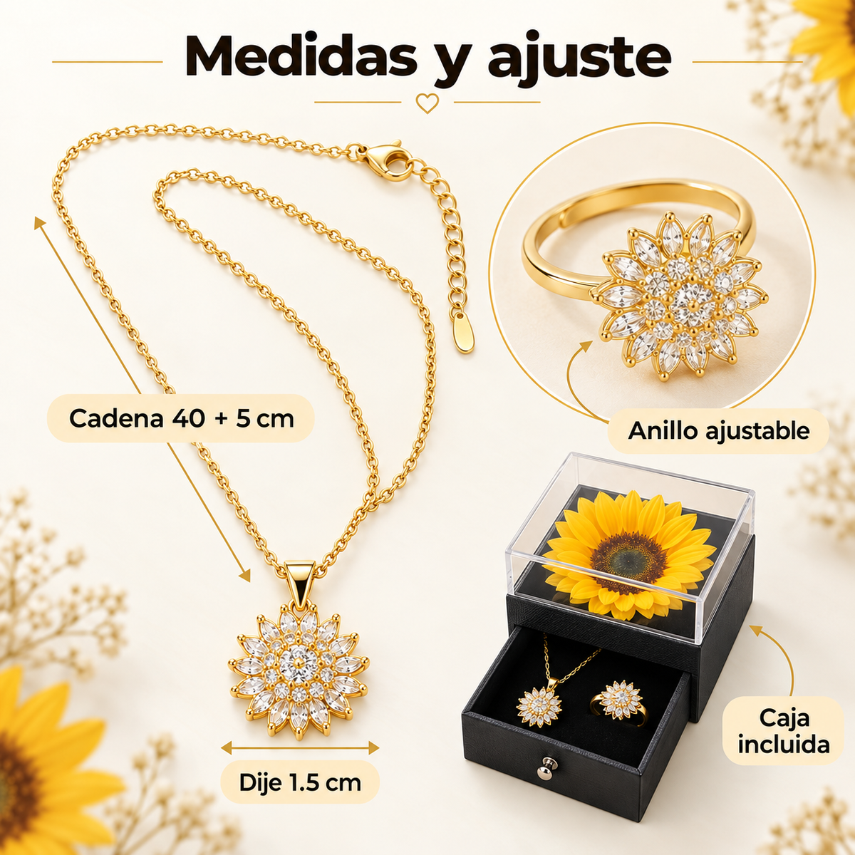 🌻Combo Girasol Giratorio: Collar + Anillo Ajustable + Caja de Exhibición💛