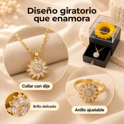 🌻Combo Girasol Giratorio: Collar + Anillo Ajustable + Caja de Exhibición💛