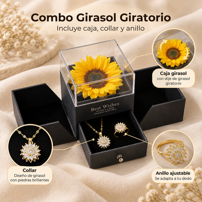🌻Combo Girasol Giratorio: Collar + Anillo Ajustable + Caja de Exhibición💛