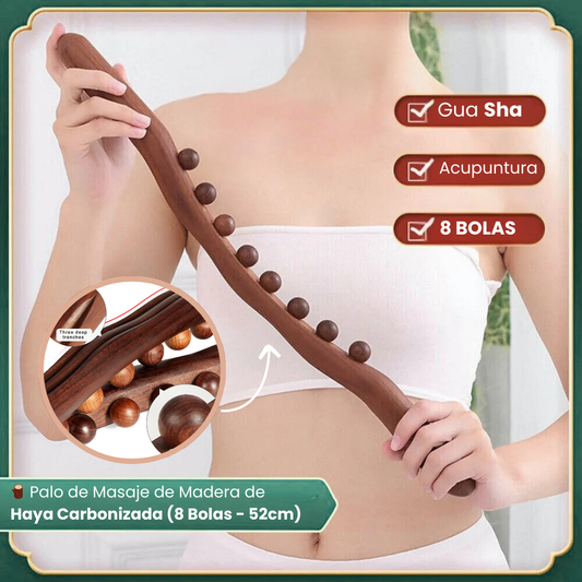🪵 Palo de Masaje de Madera de Haya Carbonizada - 8 Bolas - 52cm (Gratis aceite 10ml)