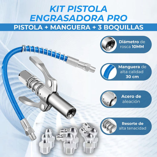 KIT PISTOLA ENGRASADORA PRO: PISTOLA + MANGUERA + 3 BOQUILLAS⭐