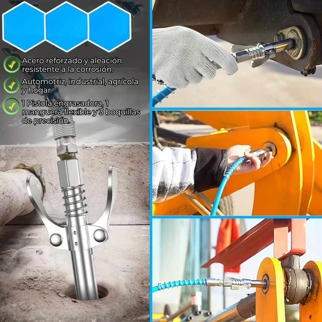 KIT PISTOLA ENGRASADORA PRO: PISTOLA + MANGUERA + 3 BOQUILLAS⭐