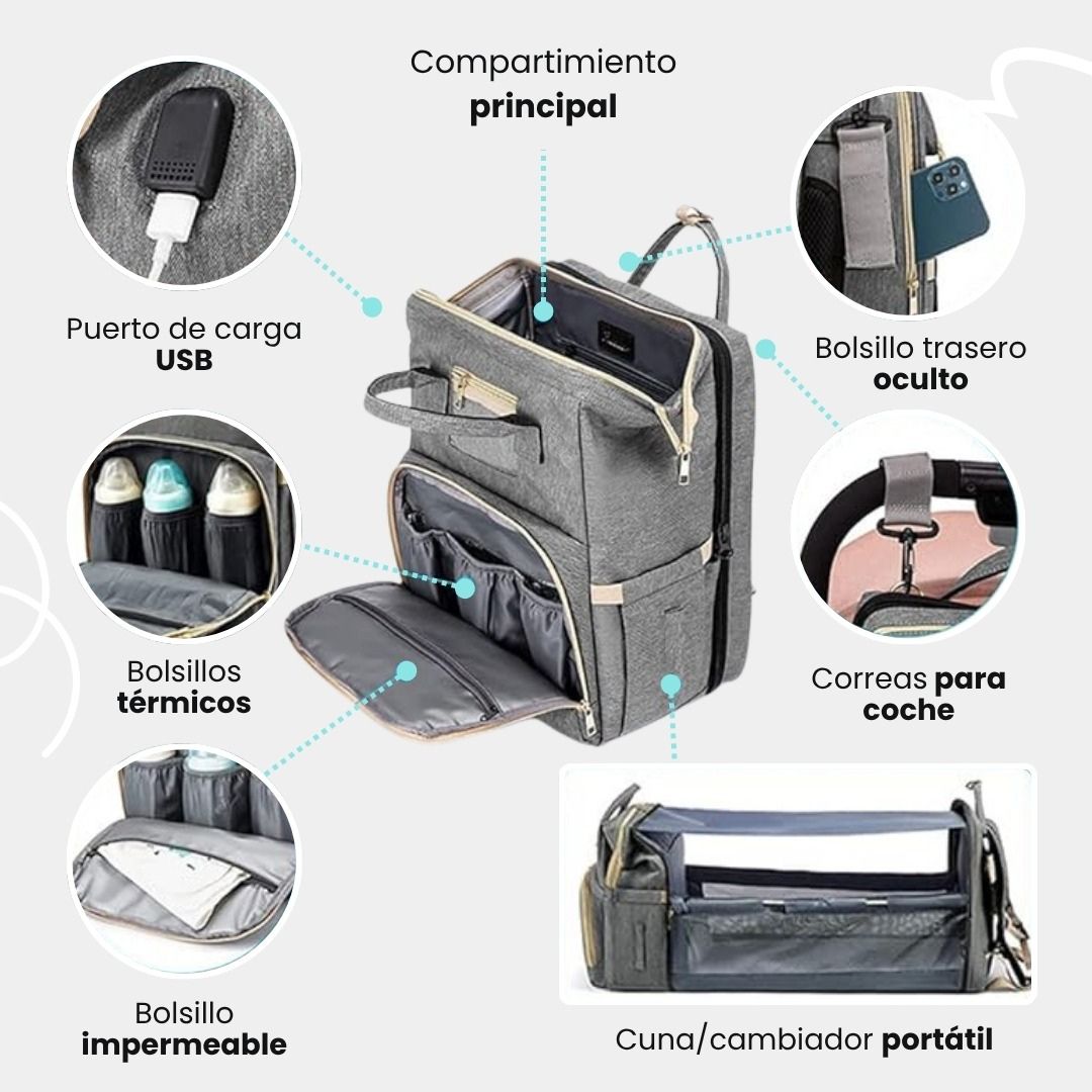 👶🏻👩🏻‍🍼MOCHILA DE MATERNIDAD 3 EN 1: Cuna plegable, cambiador y organizador térmico