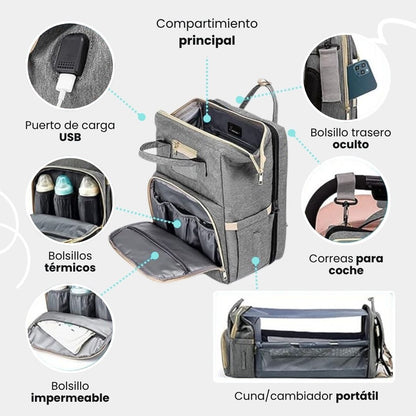 👶🏻👩🏻‍🍼MOCHILA DE MATERNIDAD 3 EN 1: Cuna plegable, cambiador y organizador térmico