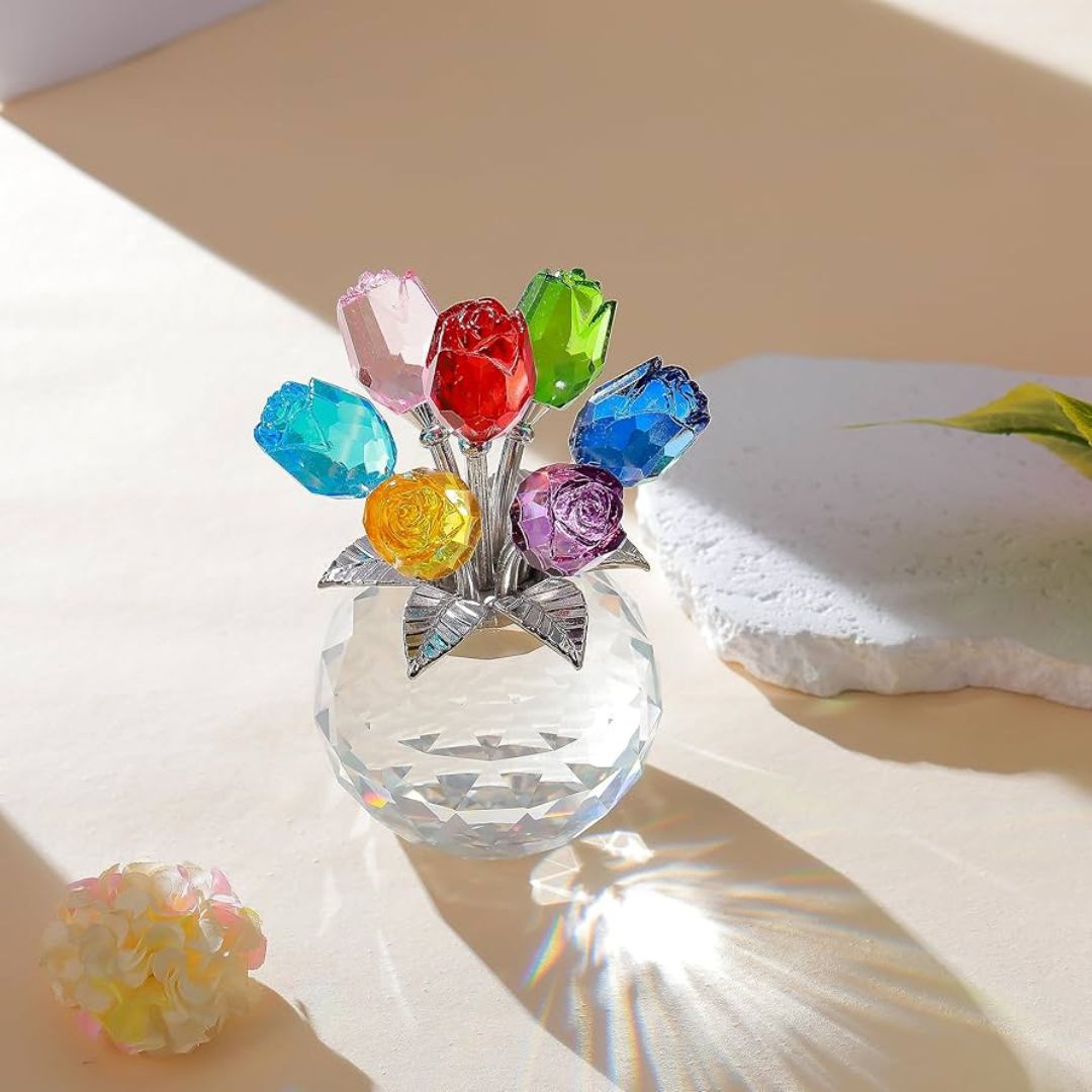 ROSAS DE CRISTAL MULTICOLOR: Elegancia eterna con destellos prismáticos y base de lujo🌹💐