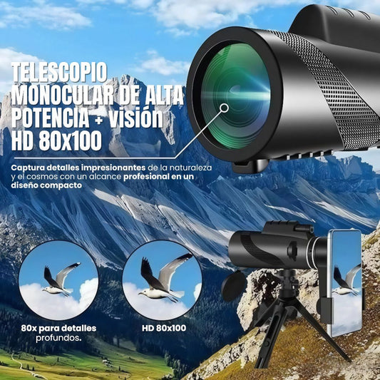 TELESCOPIO MONOCULAR DE ALTA POTENCIA + TRÍPODE: Visión HD 80x100 para exploración extrema🔭