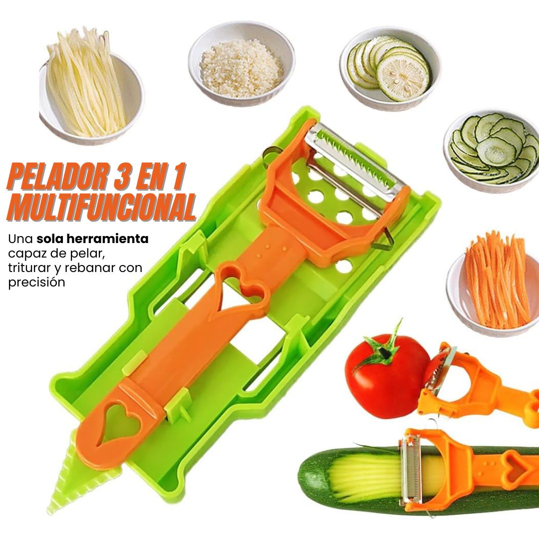 PELADOR 3 EN 1 MULTIFUNCIONAL: Cuchillas de acero inoxidable y diseño ergonómico🥕🥔