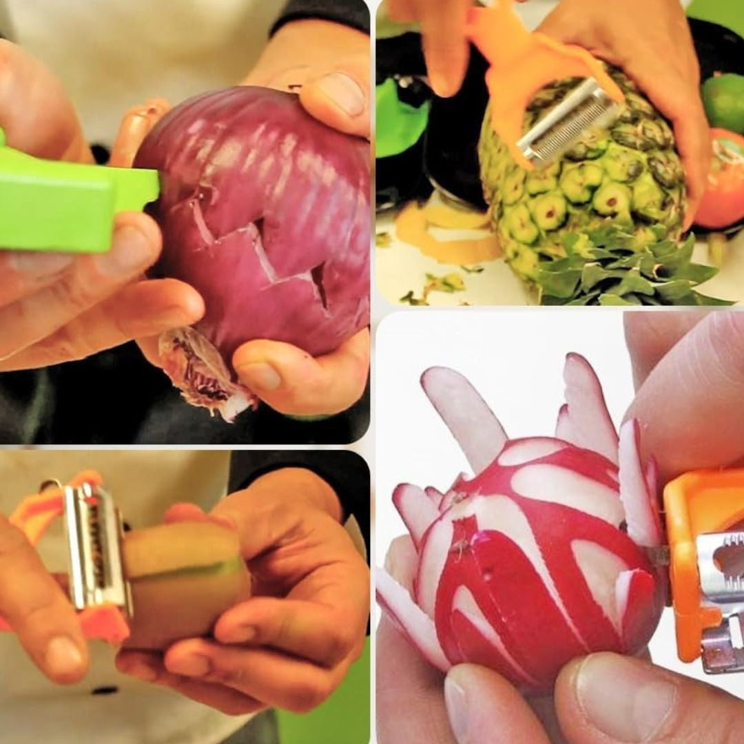 PELADOR 3 EN 1 MULTIFUNCIONAL: Cuchillas de acero inoxidable y diseño ergonómico🥕🥔