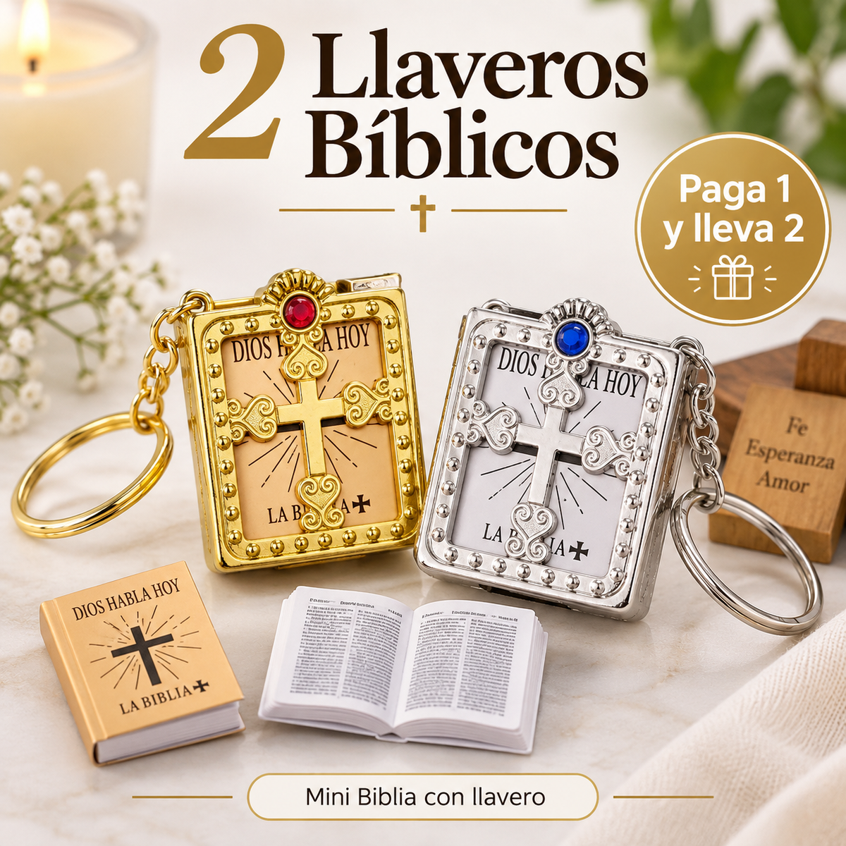 Set x2 Llaveros Bíblicos con Mini Libro Real✝️⛪
